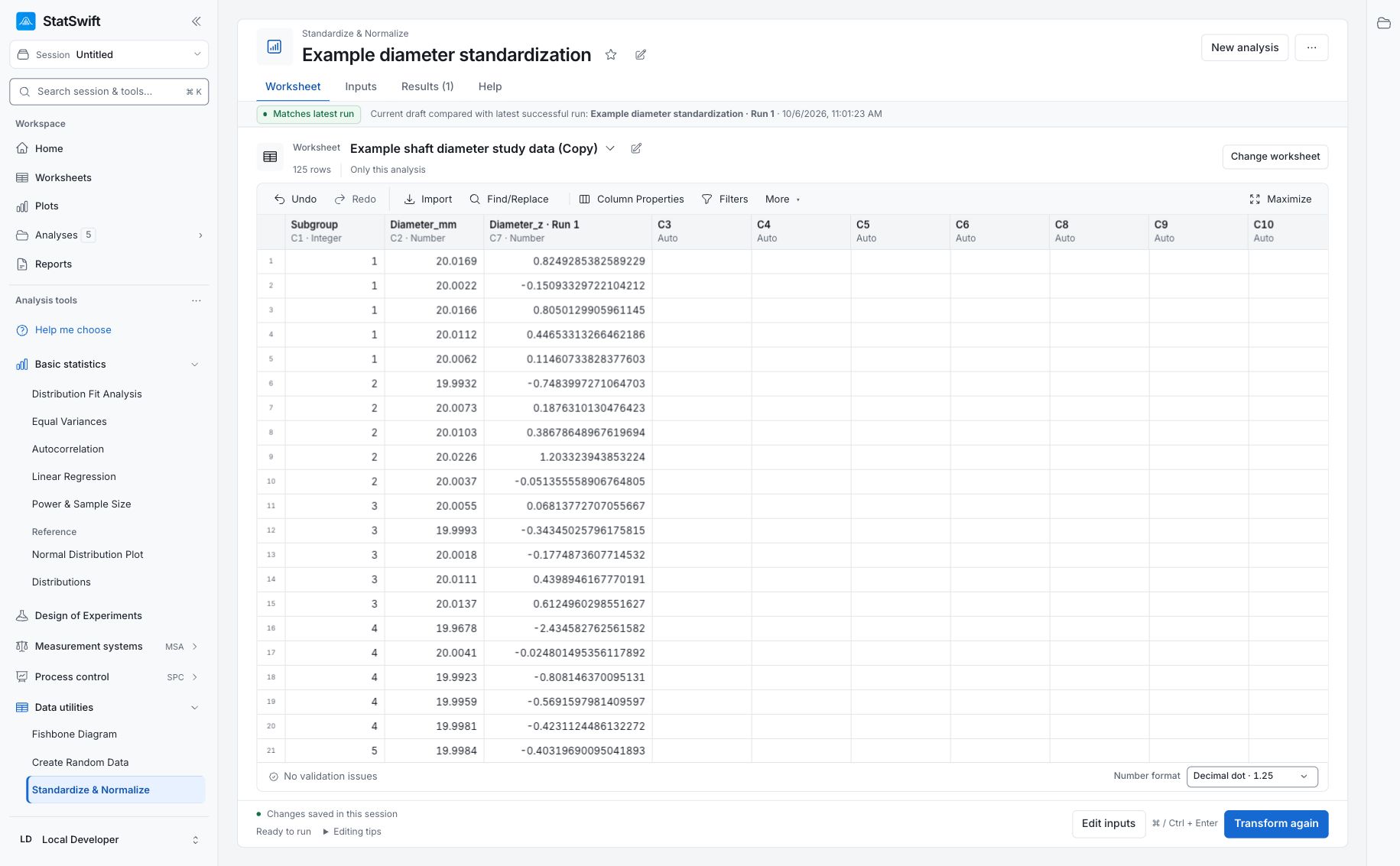 Worksheet showing the original Diameter_mm measurements alongside the generated Diameter_z z-score column.