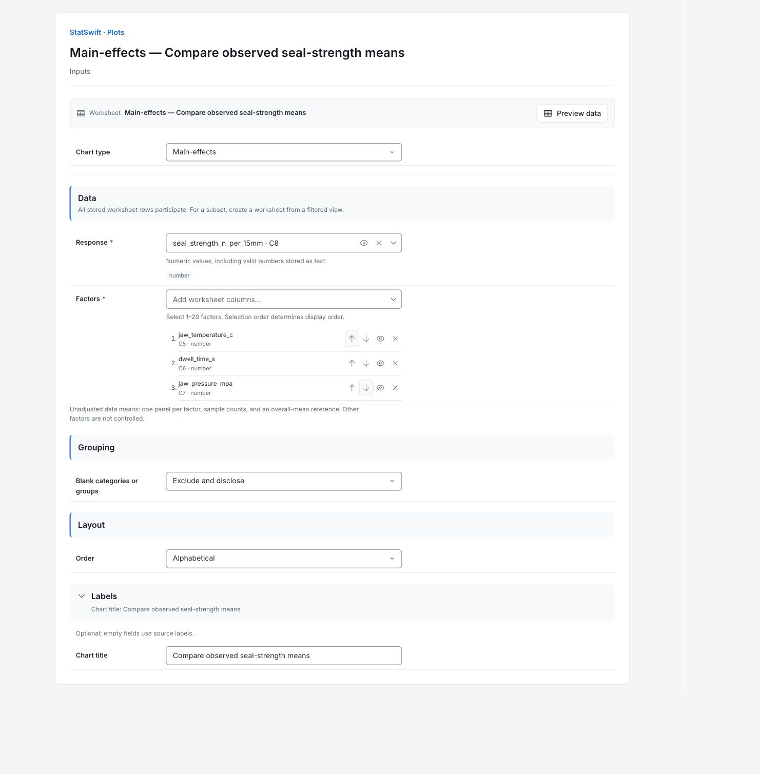 Plots: Inputs with the example’s assignments and settings