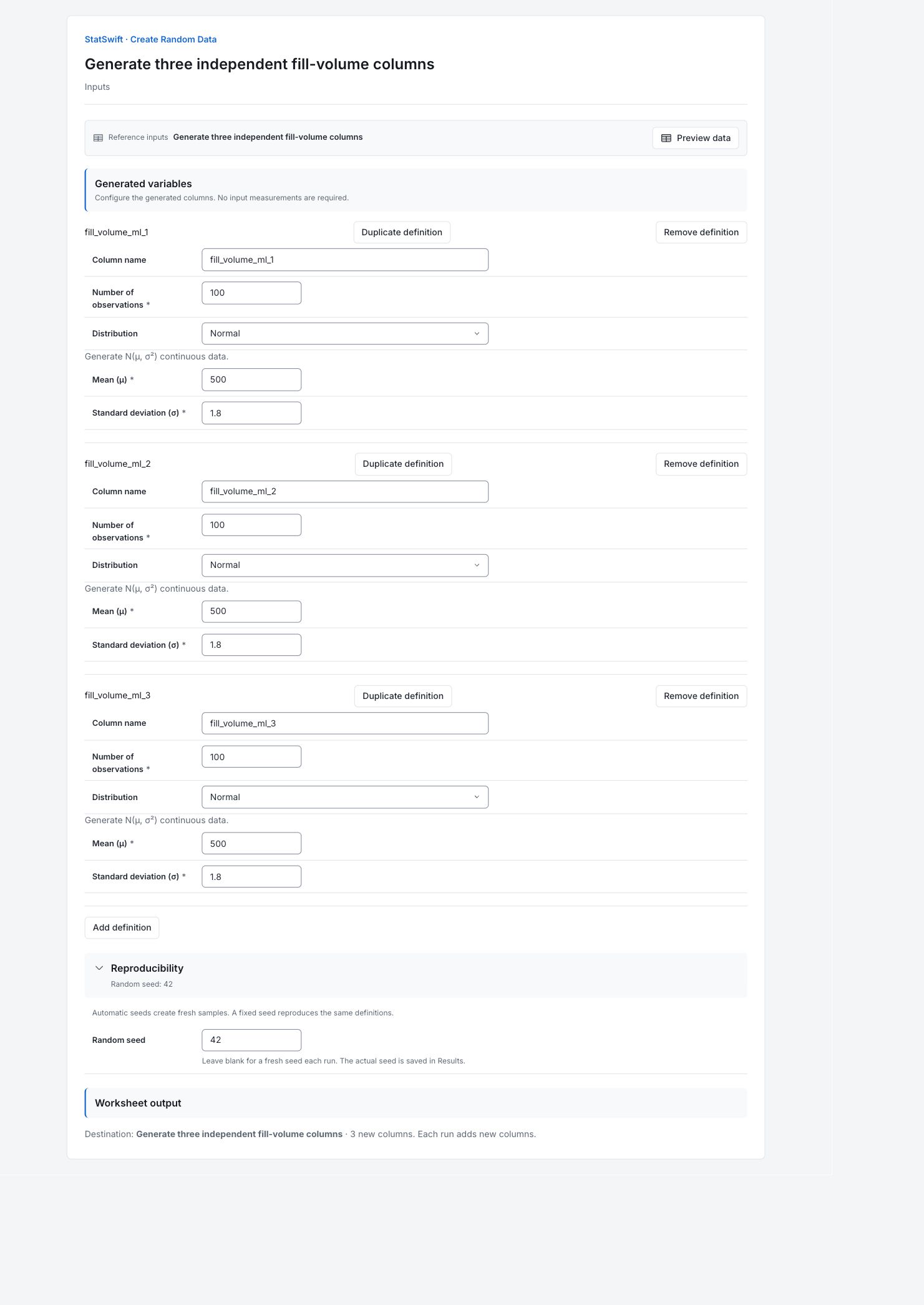 Create Random Data: Inputs with the example’s assignments and settings