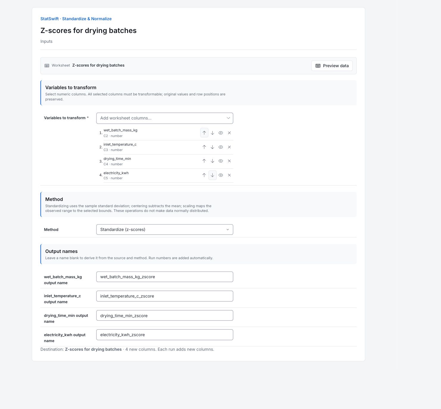 Standardize & Normalize: Inputs with the example’s assignments and settings
