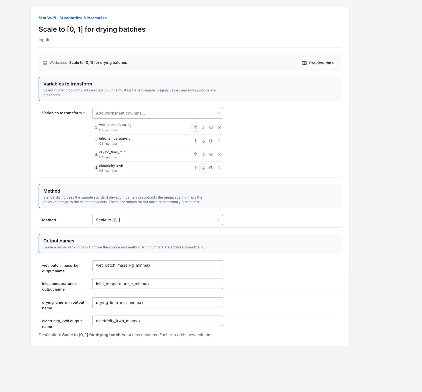 Standardize & Normalize: Inputs with the example’s assignments and settings