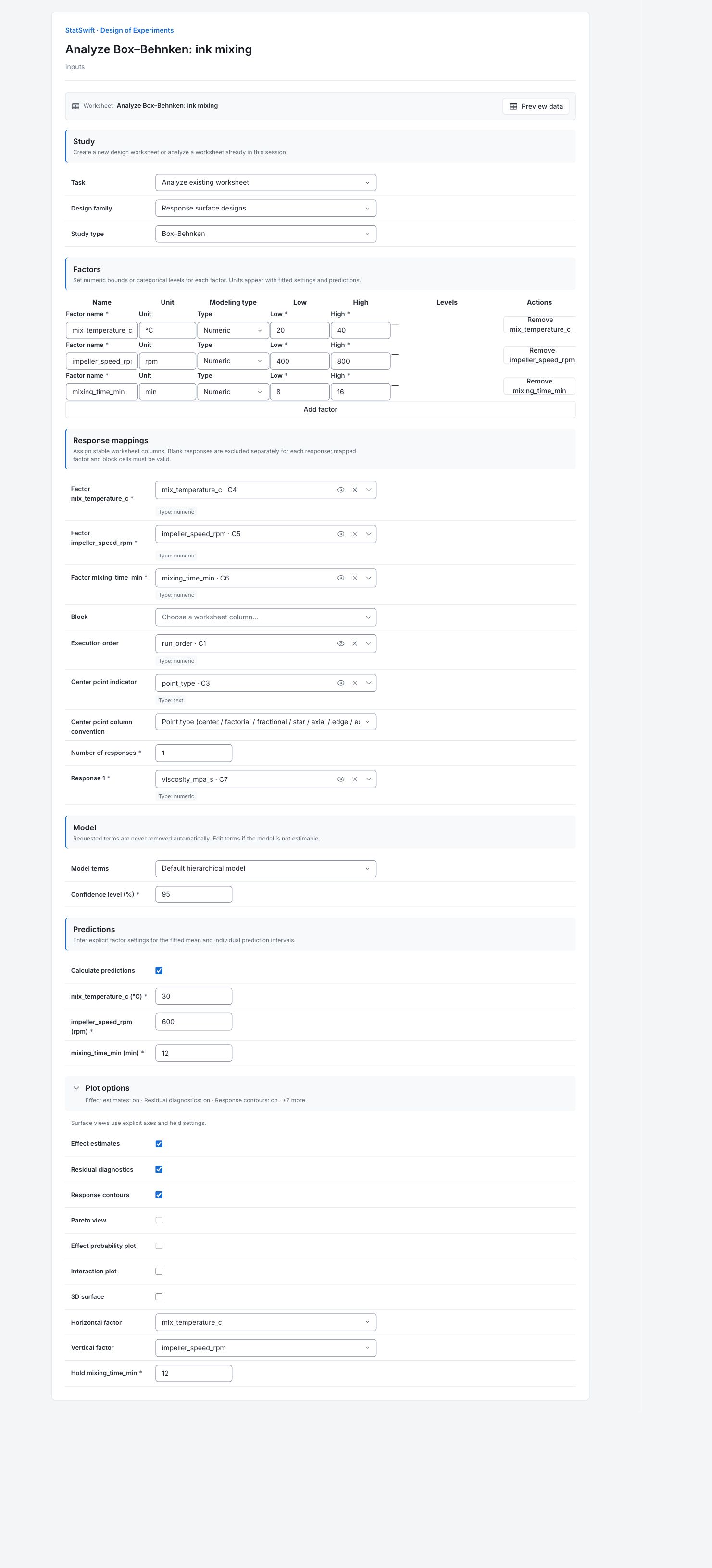 Design of Experiments: Inputs with the example’s assignments and settings