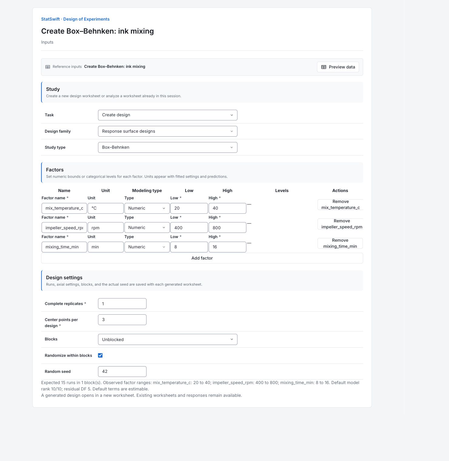 Design of Experiments: Inputs with the example’s assignments and settings