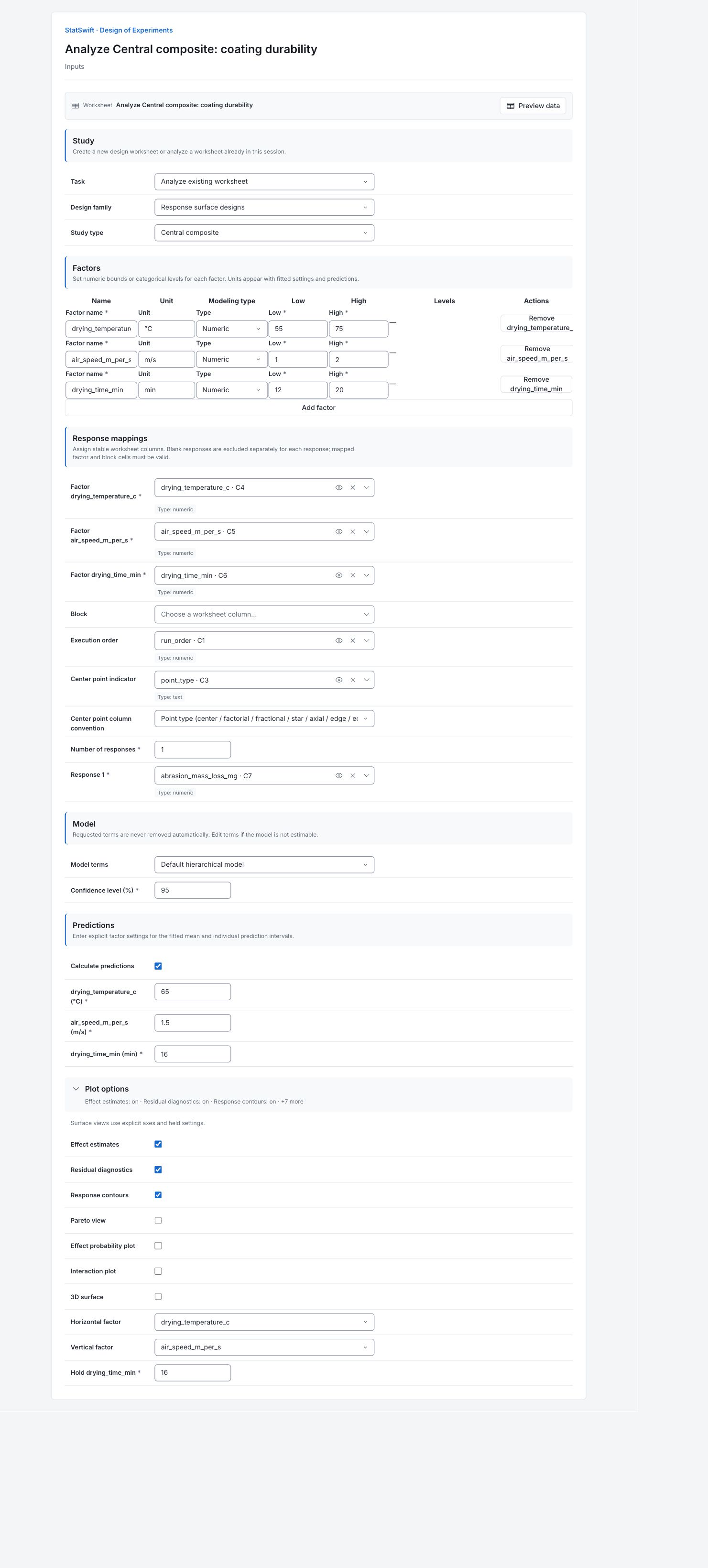 Design of Experiments: Inputs with the example’s assignments and settings