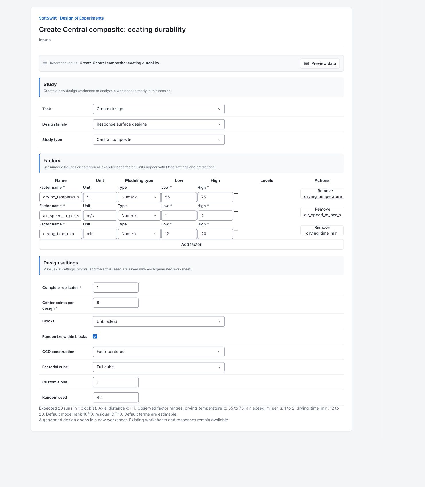 Design of Experiments: Inputs with the example’s assignments and settings
