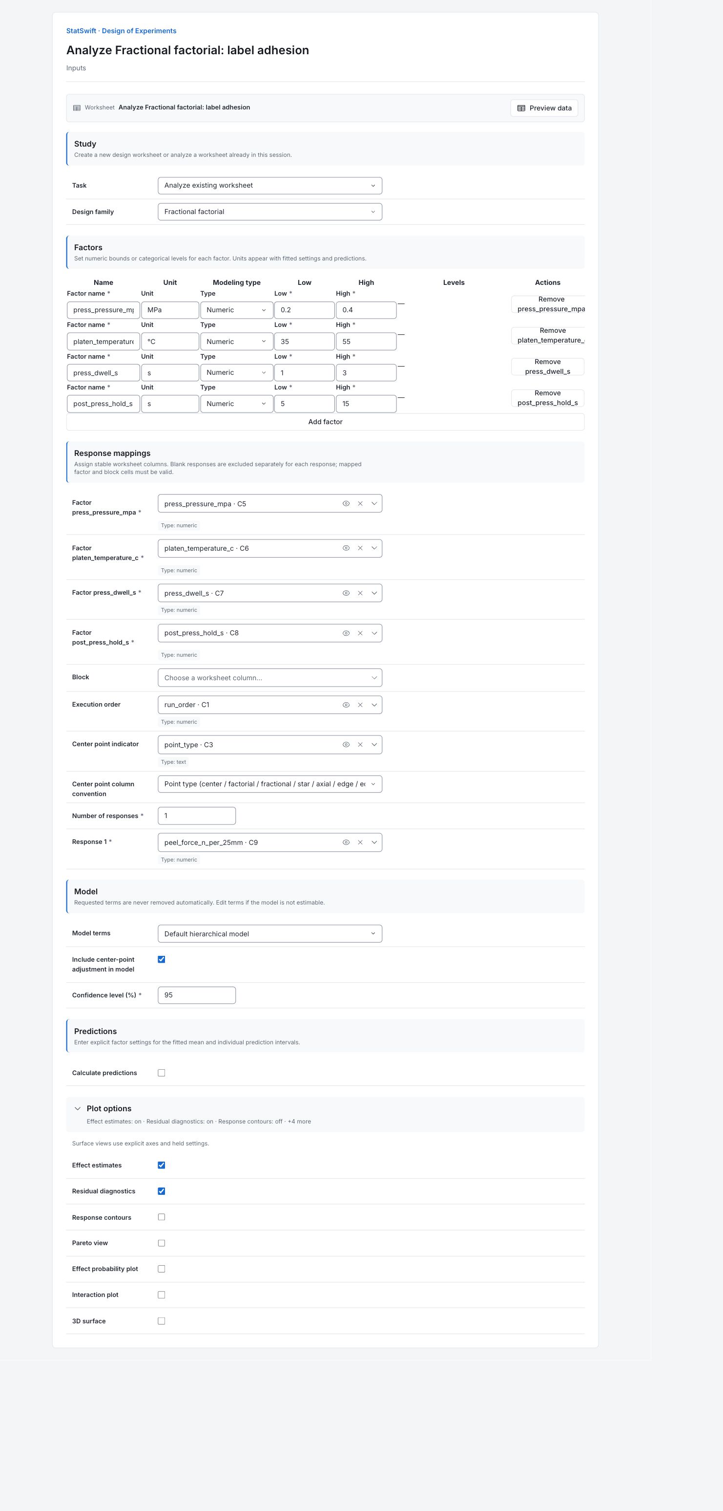 Design of Experiments: Inputs with the example’s assignments and settings
