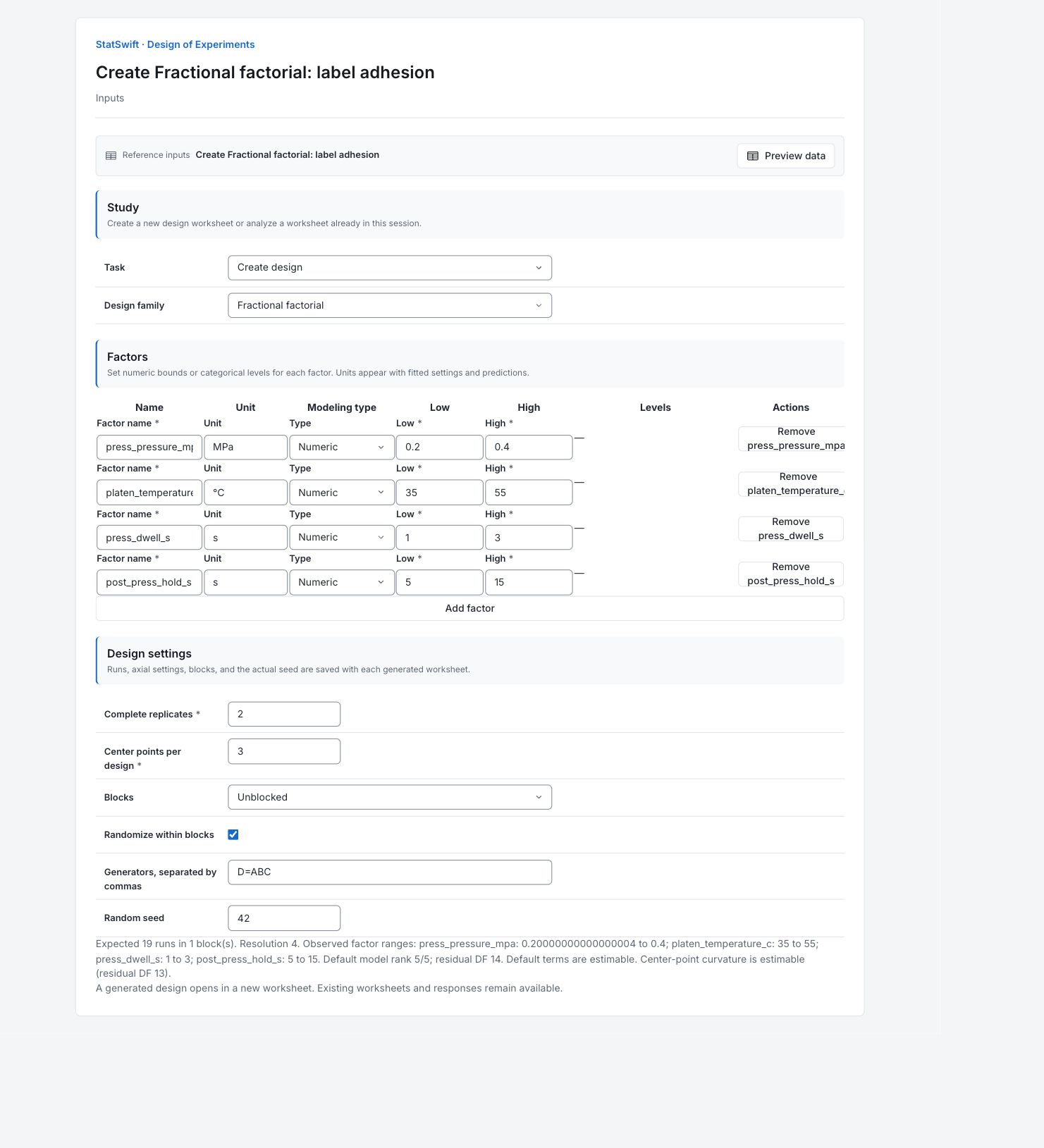 Design of Experiments: Inputs with the example’s assignments and settings