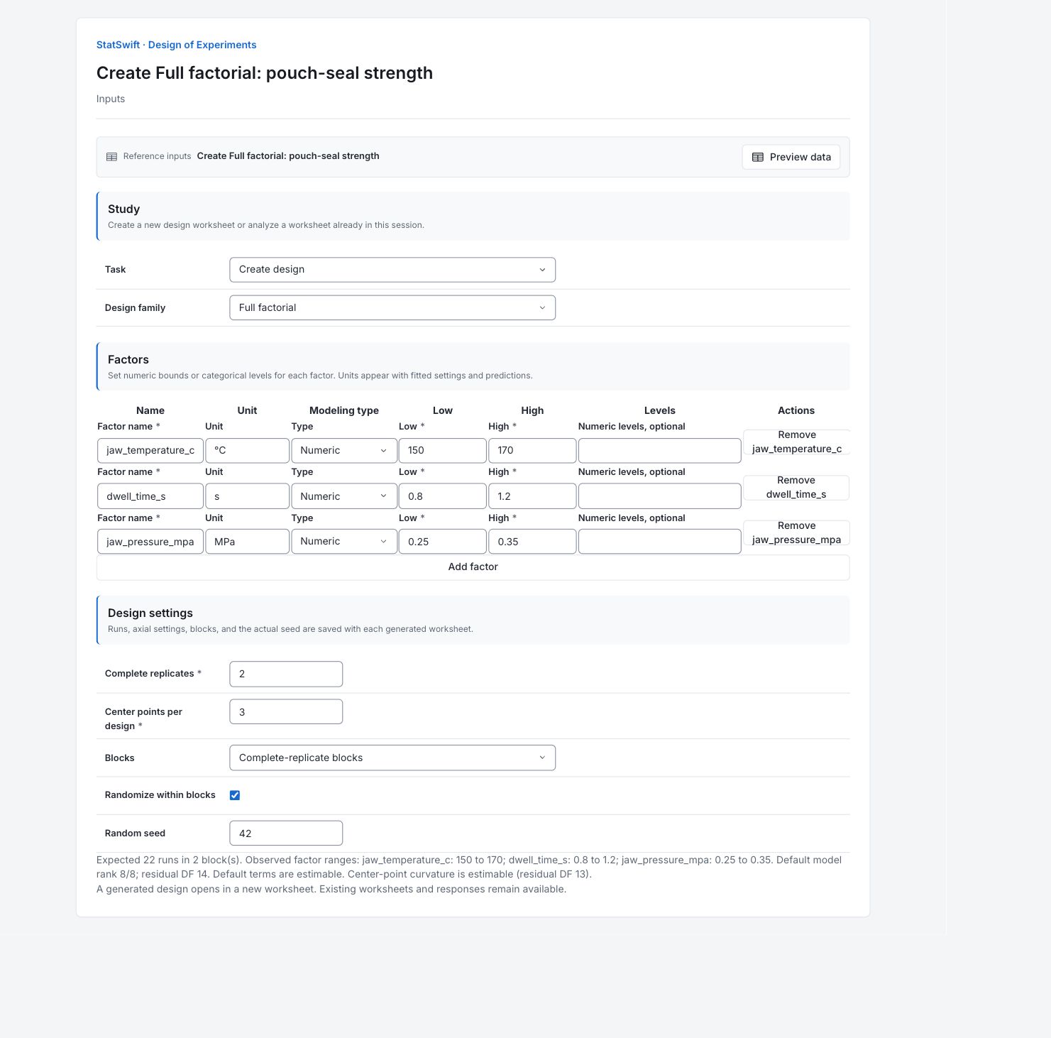Design of Experiments: Inputs with the example’s assignments and settings