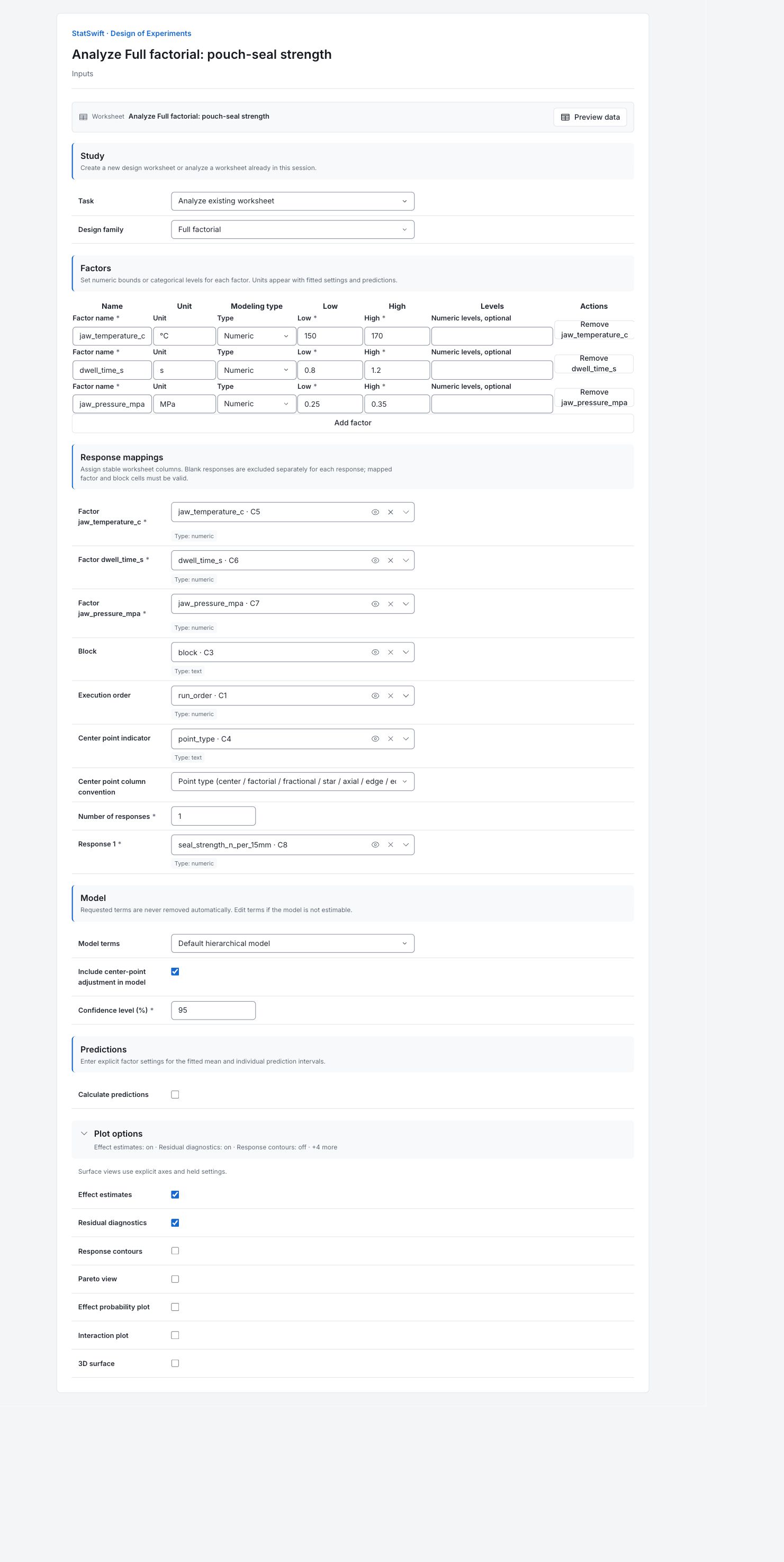 Design of Experiments: Inputs with the example’s assignments and settings