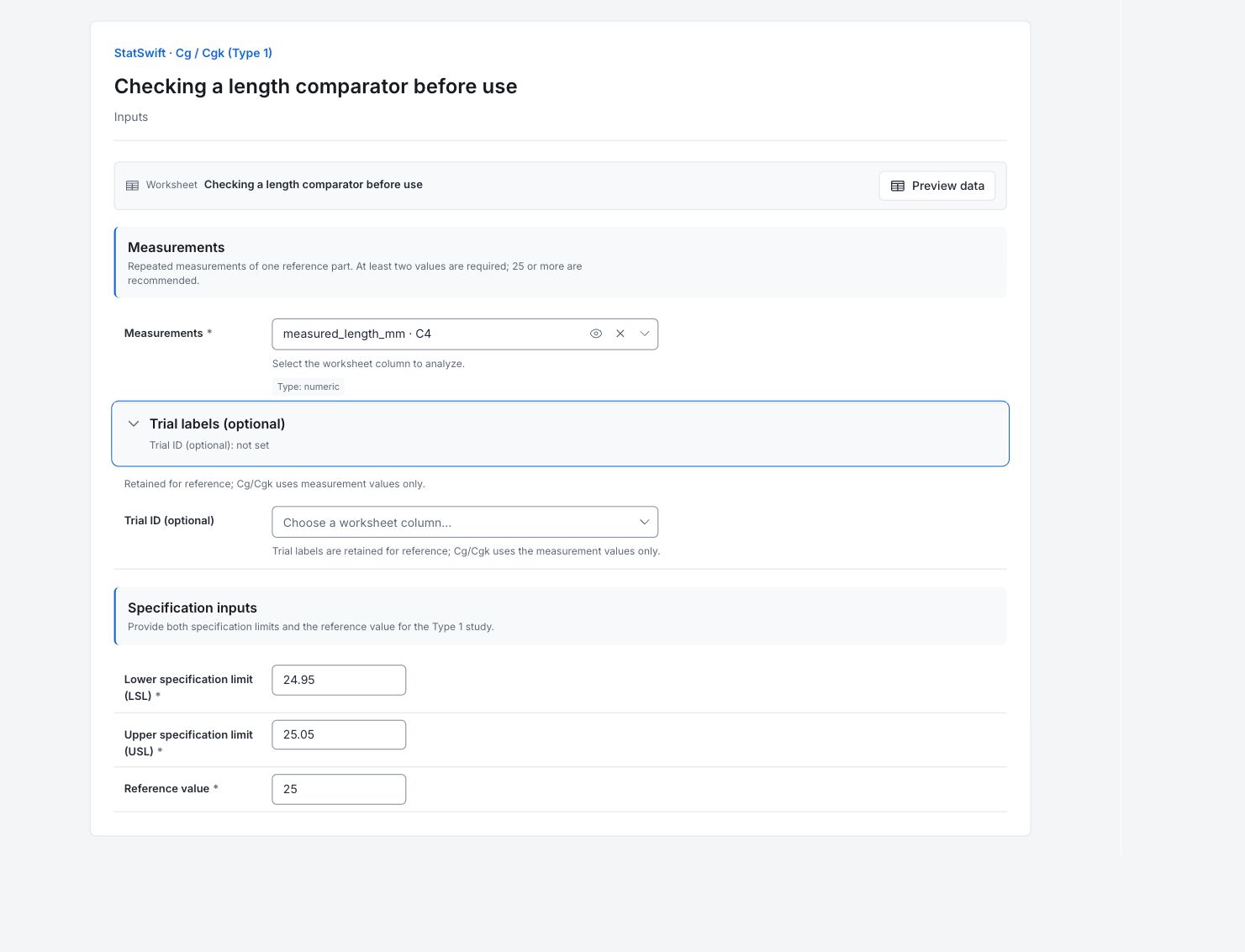 Cg / Cgk (Type 1): Inputs with the example’s assignments and settings