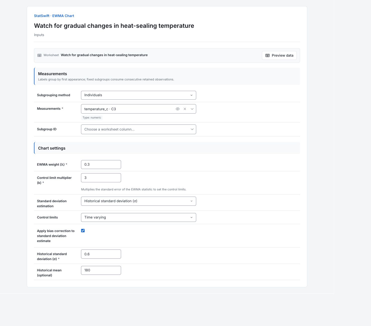 EWMA Chart: Inputs with the example’s assignments and settings