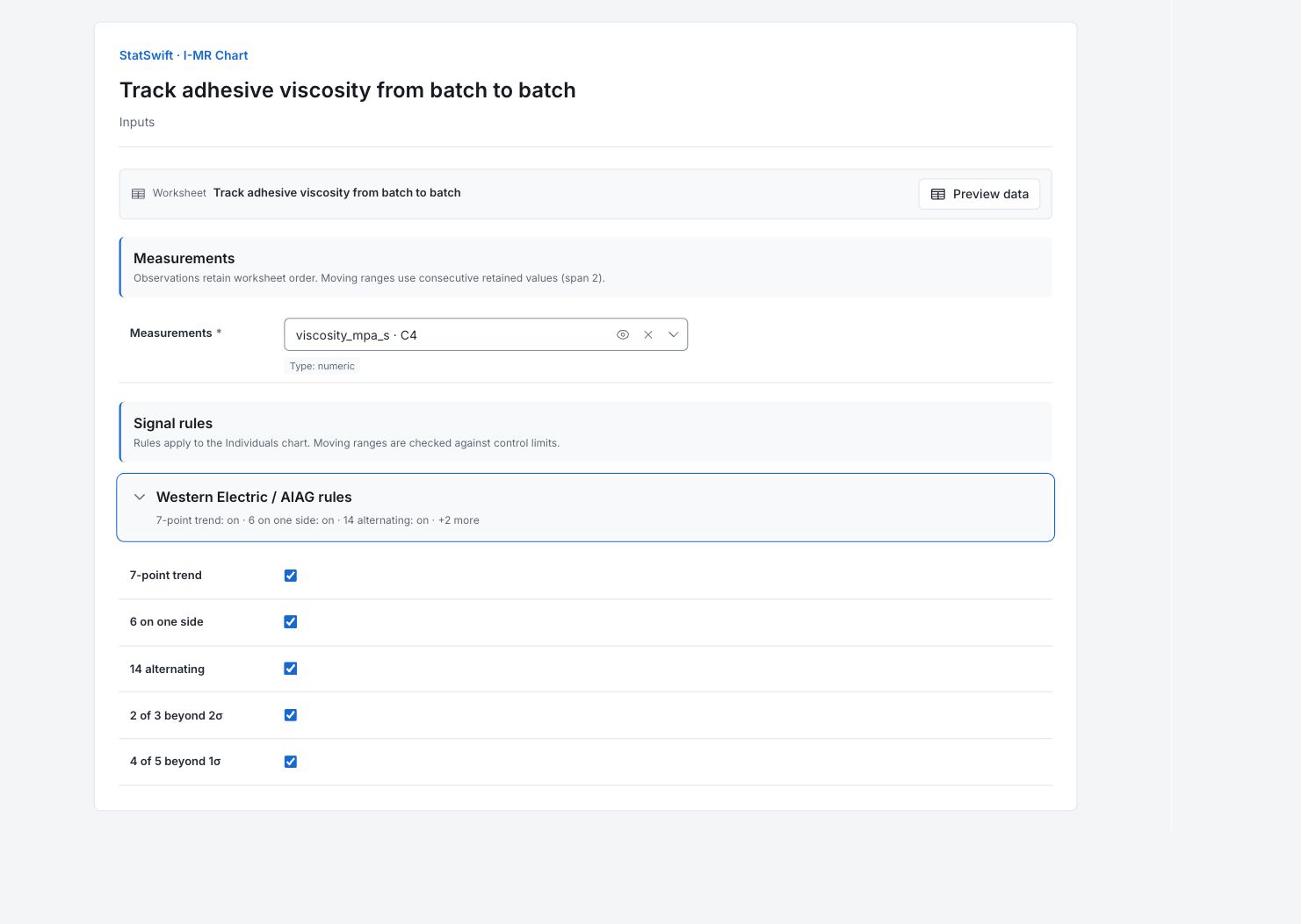 I-MR Chart: Inputs with the example’s assignments and settings