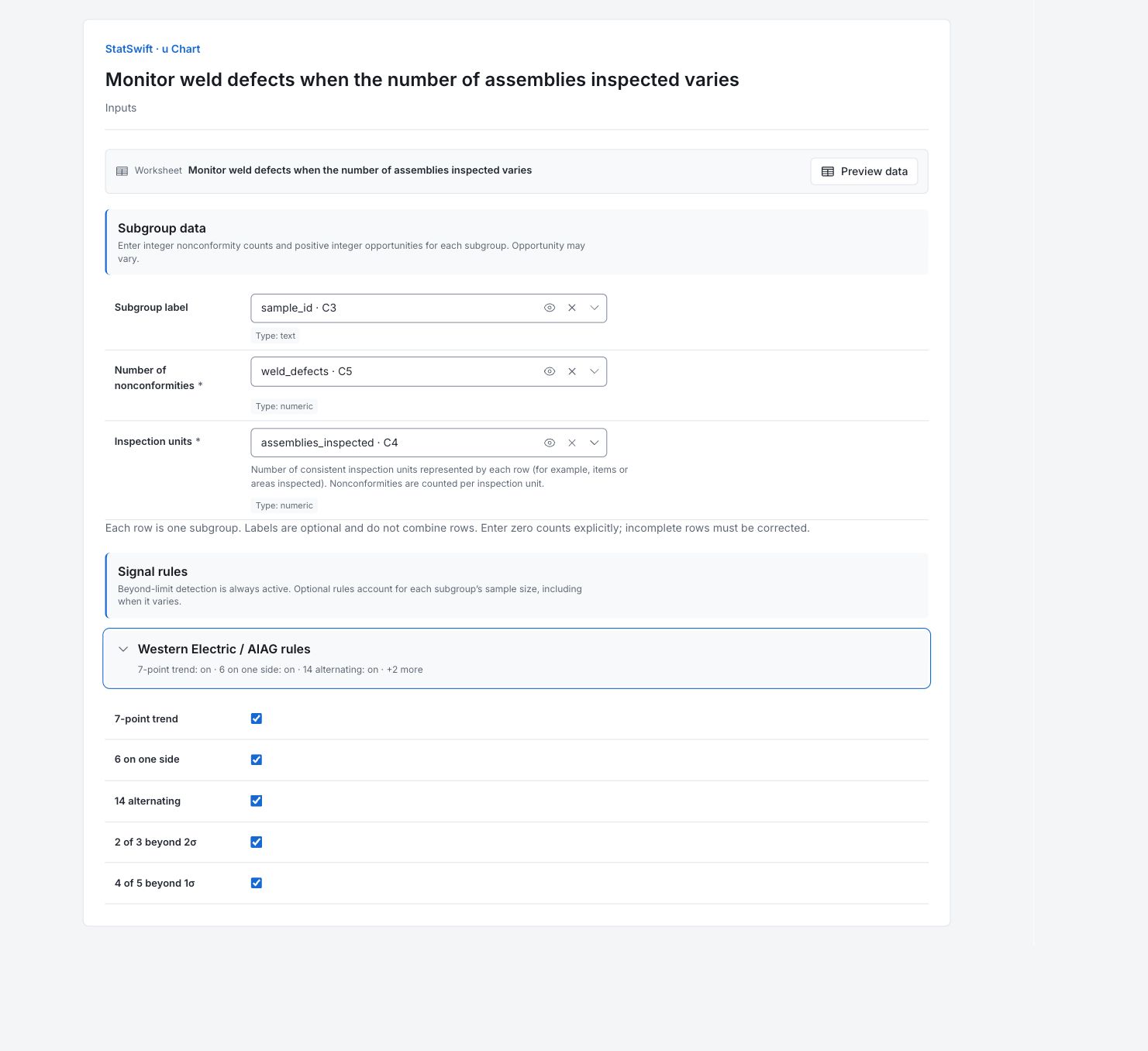 u Chart: Inputs with the example’s assignments and settings