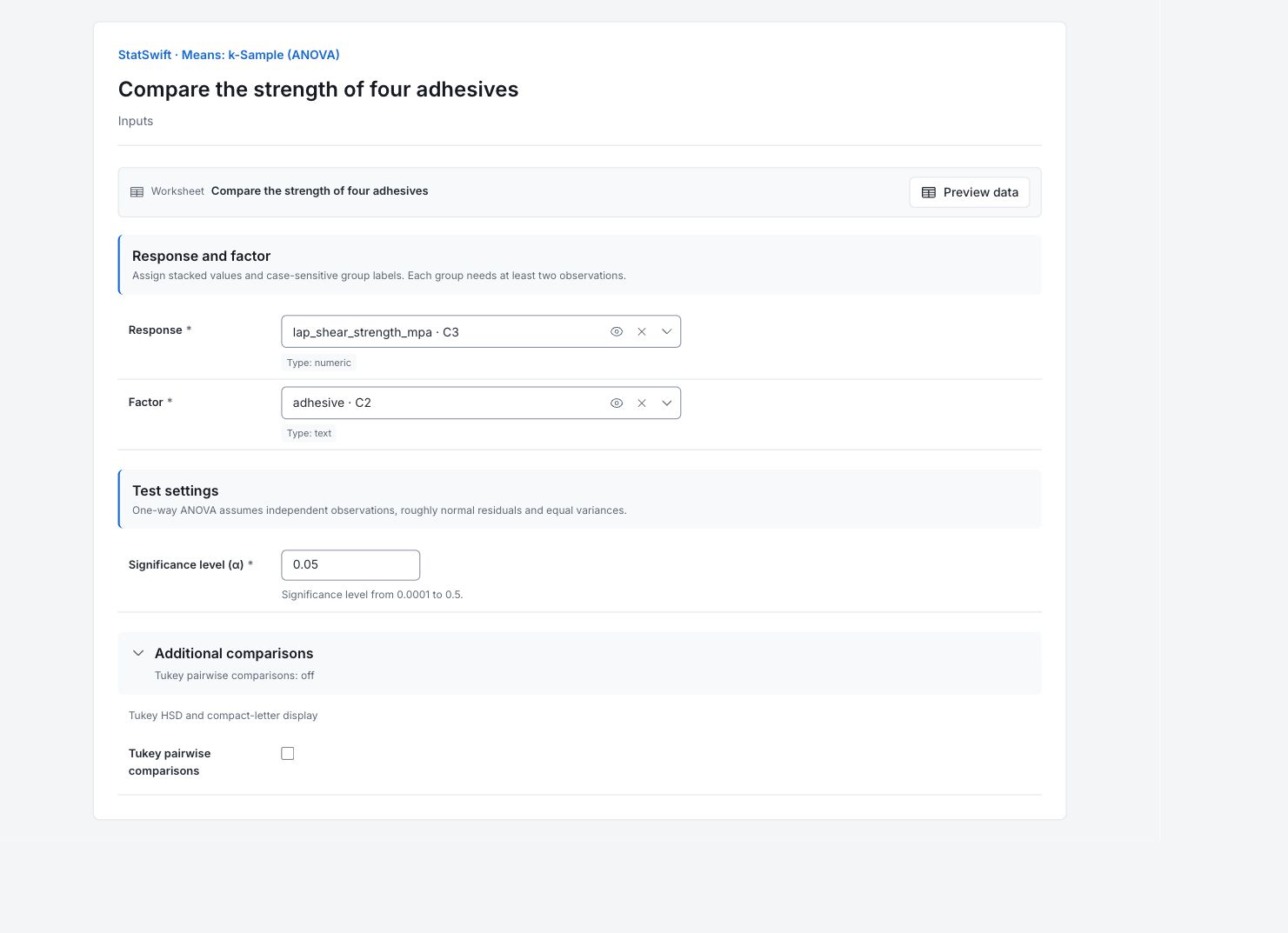 Means: k-Sample (ANOVA): Inputs with the example’s assignments and settings