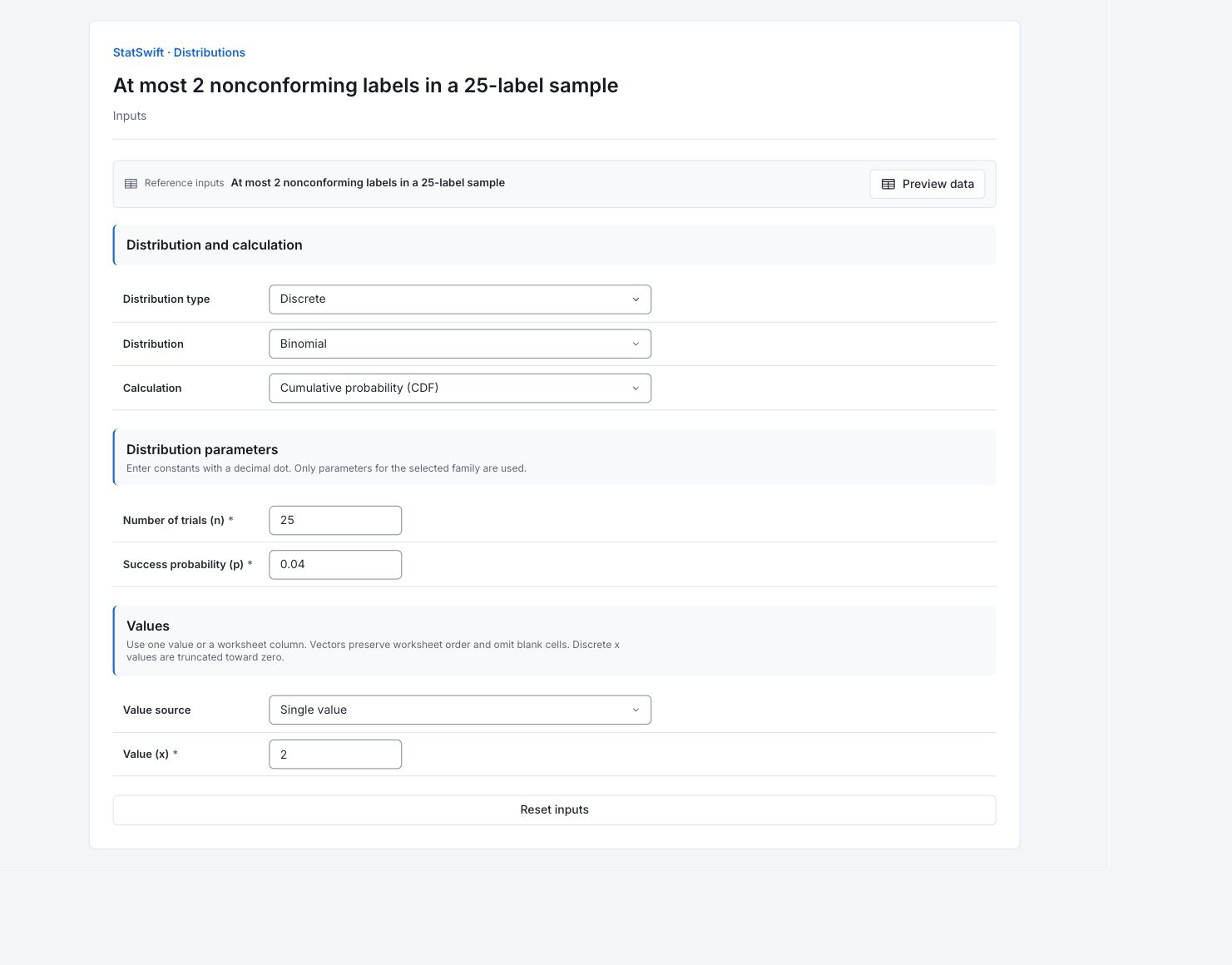 Distributions: Inputs with the example’s assignments and settings