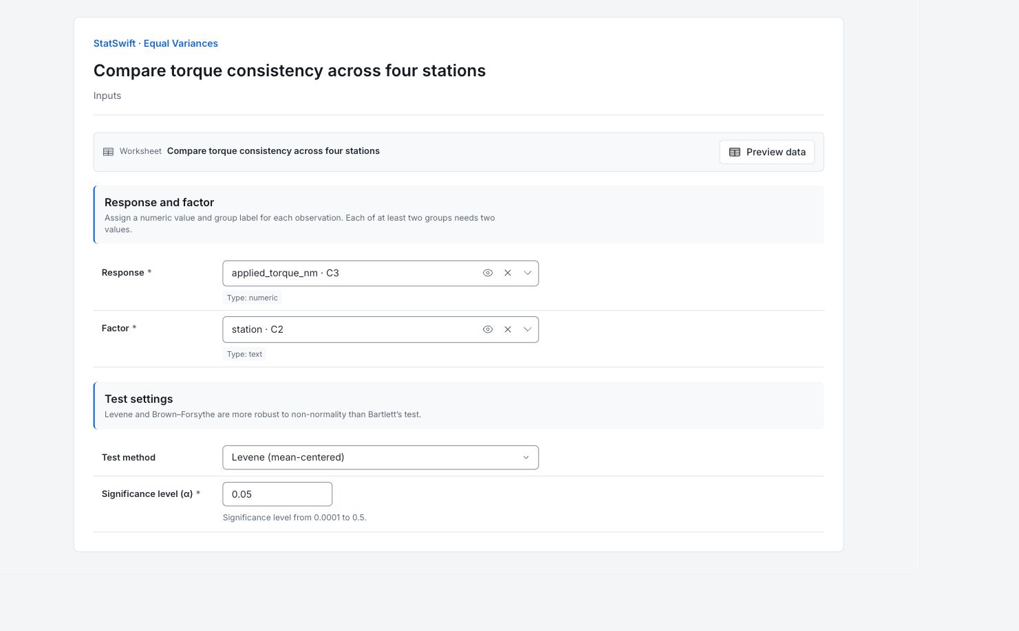 Equal Variances: Inputs with the example’s assignments and settings