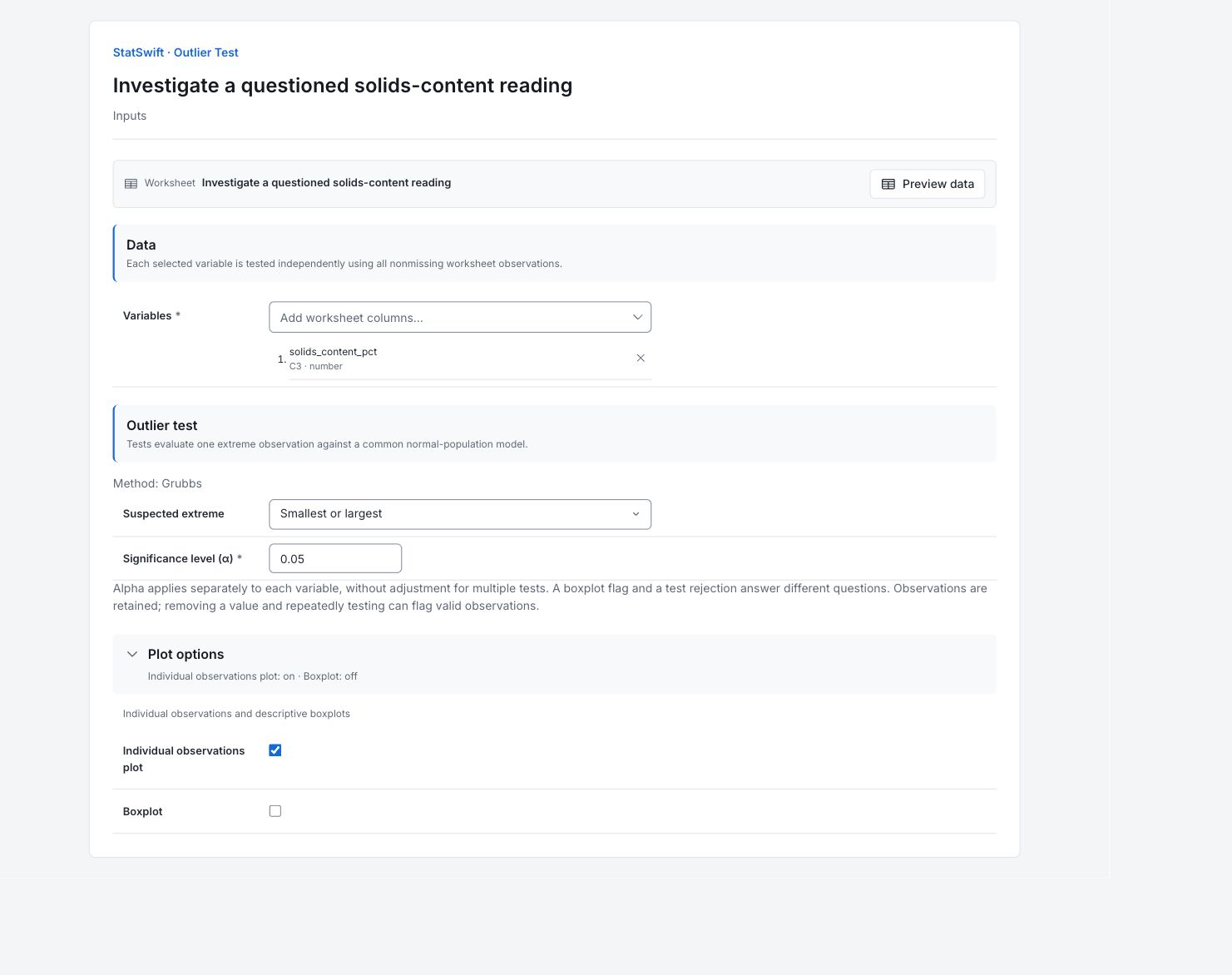 Outlier Test: Inputs with the example’s assignments and settings
