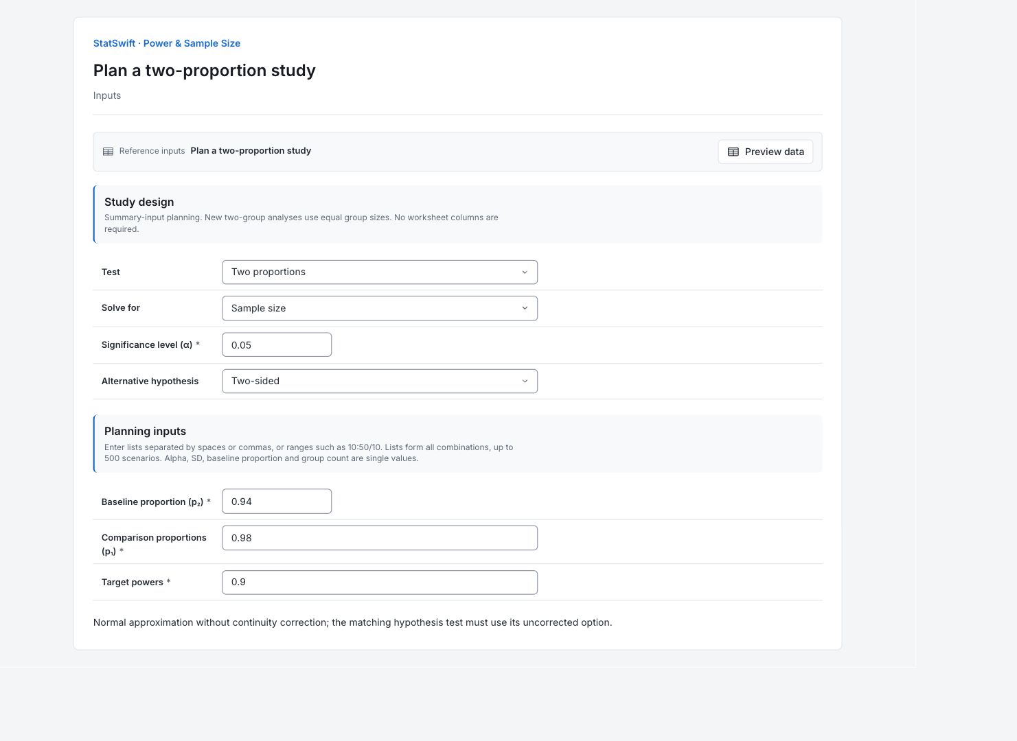 Power & Sample Size: Inputs with the example’s assignments and settings