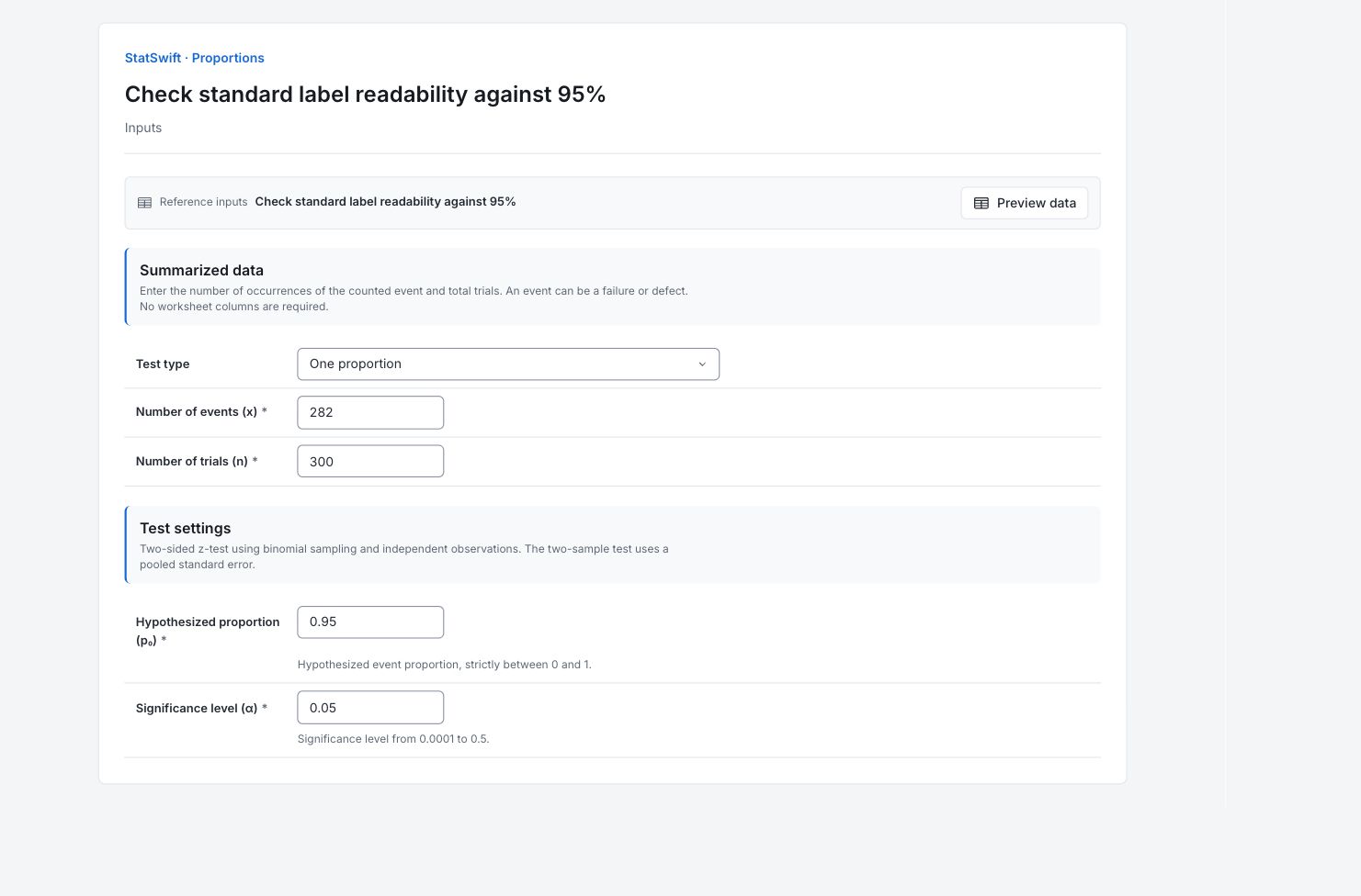 Proportions: Inputs with the example’s assignments and settings